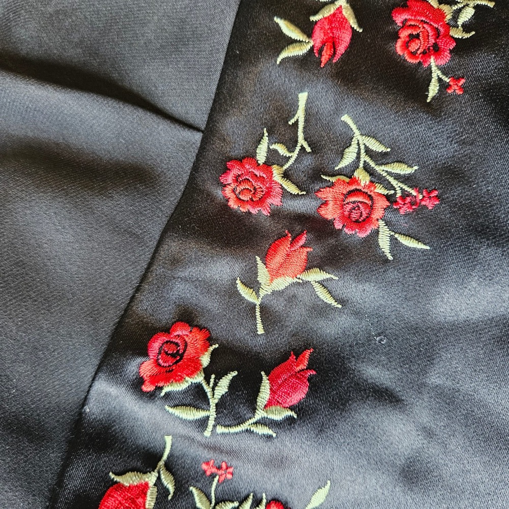 Y2K Black Satin Slip Mini Dress Medium Red Floral Embroidery Empire Waist Hoco - Picture 8 of 11